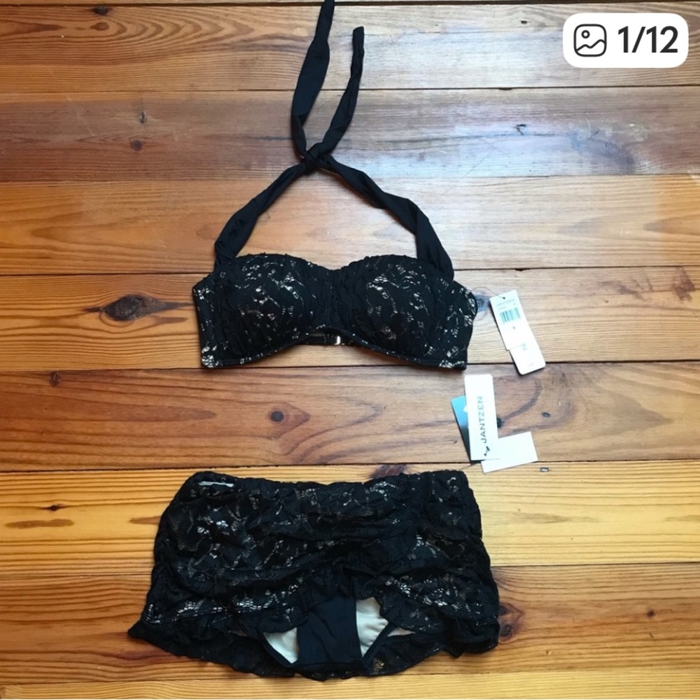 Jantzen Black Nude Lace Bikini Skirt Swimsuit, NWT, 6